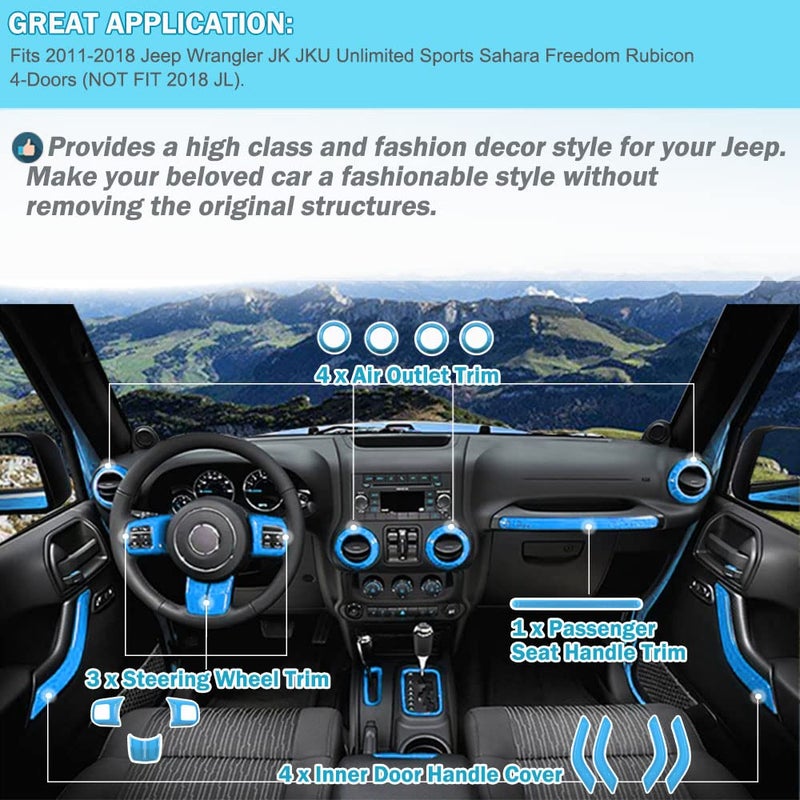 Opall 18PCS Full Set Interior Decoration Trim Kit Steering Wheel & Center Console Air Outlet Trim, Door Handle Cover Inner For Jeep Wrangler 2011-2018 2 Door & 4 Door (Light Bule) - Image 2